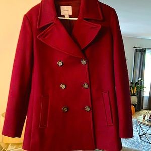 This is an OldNavy pea coat it is burgundy not really red.